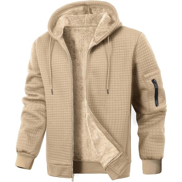 Mens Khaki Zip Up Hoodie Sherpa Lined Sweatshirt Heavyweight .